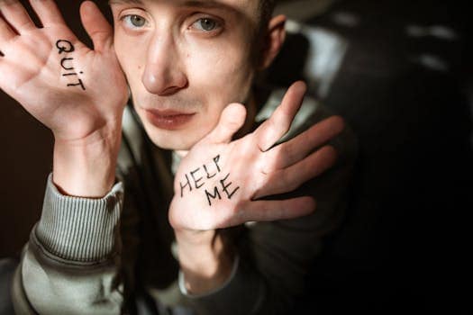 Close-up of a person showing palms with 'Help Me' and 'Quit' written, expressing emotions.